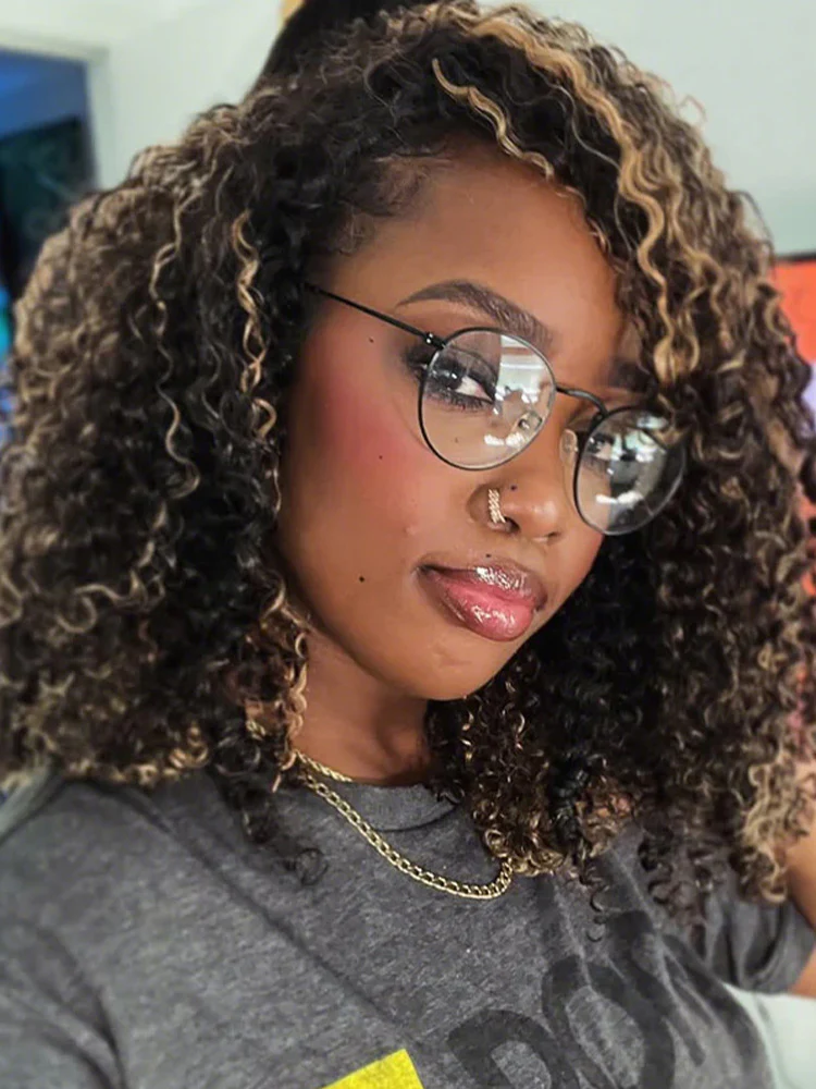 CurlyMe 3 IN 1 Highlight Brown Kinky Curly Half Wig Draw-strings Flip Over Wig - Image 3