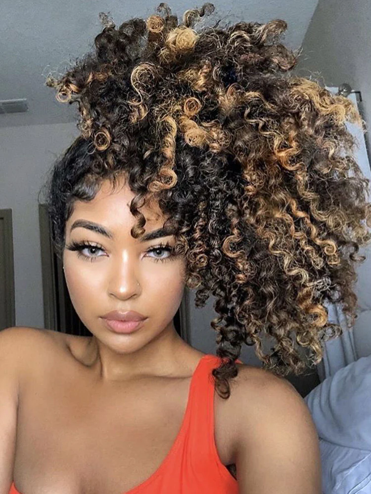 CurlyMe 3 IN 1 Highlight Brown Kinky Curly Half Wig Draw-strings Flip Over Wig - Image 4