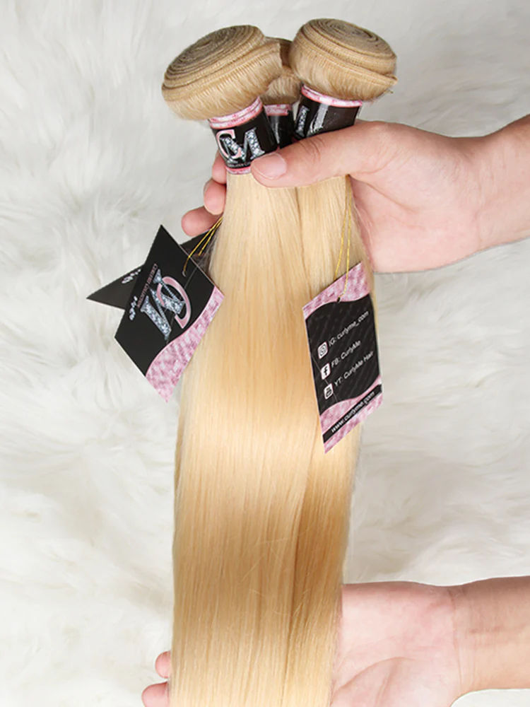 CurlyMe 613 Blonde Straight Human Hair 4 Bundles with 4x4 Lace Closure - Image 6