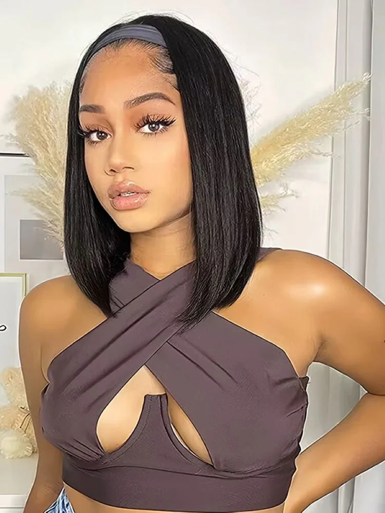 CurlyMe Headband Bob Wigs Brazilian Straight Human Hair 180% No Lace Wig - Image 9