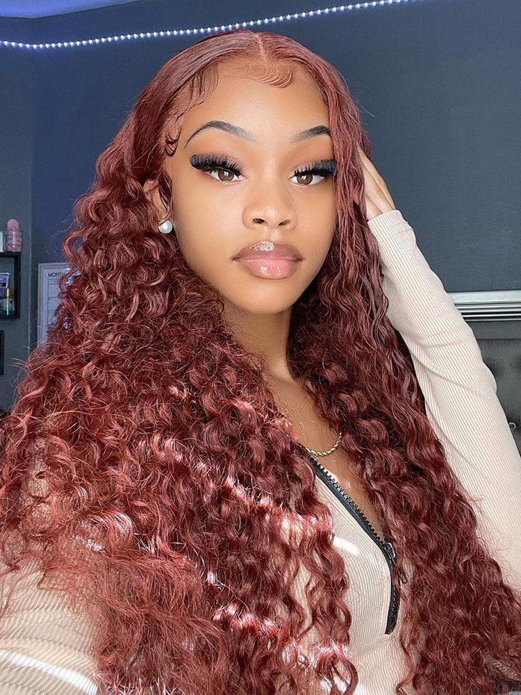 CurlyMe Reddish Brown Color Water Wave Auburn Hair 13x4 Lace Front Wigs Pre Plucked - Image 4