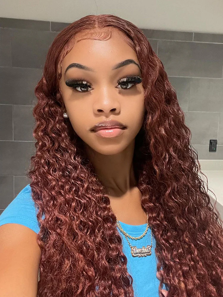 CurlyMe Reddish Brown Color Water Wave Auburn Hair 13x4 Lace Front Wigs Pre Plucked - Image 5