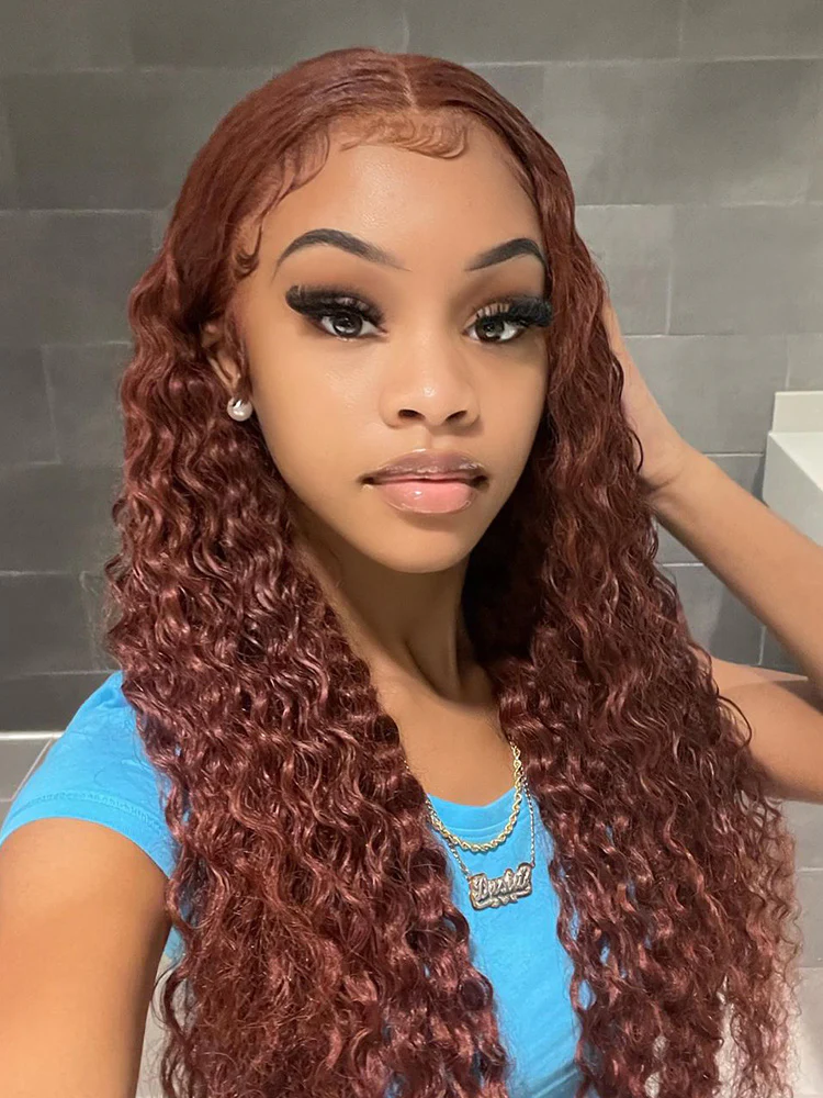 CurlyMe Reddish Brown Color Water Wave Auburn Hair 13x4 Lace Front Wigs Pre Plucked - Image 6