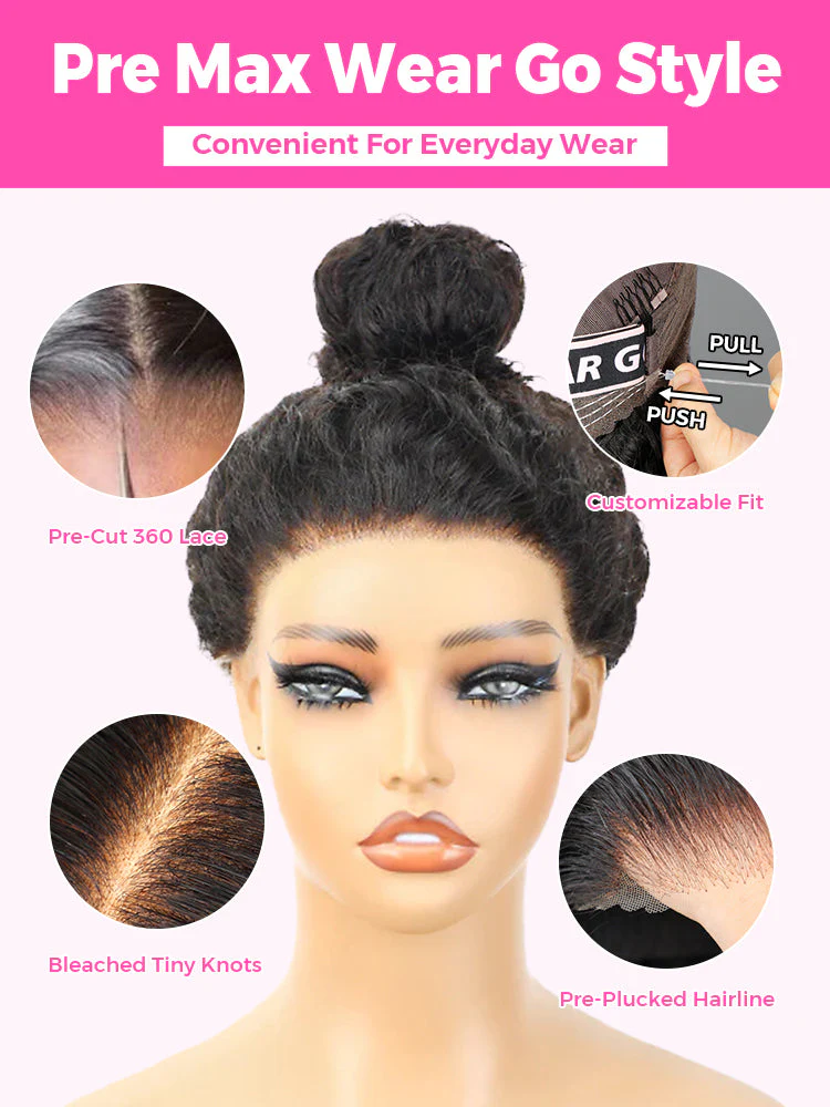 CurlyMe 360 Fit Wig Pre-Bleached Kinky Straight Human Hair Pre-Cut 360 Lace Wear Go Glueless Wig Pre-Plucked - Image 8