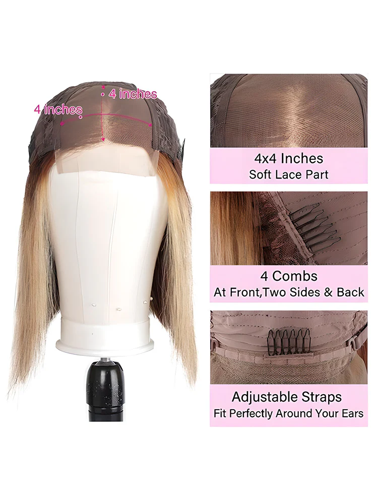 CurlyMe Honey Blonde Highlights Ombre Hair Colored Straight Human Hair Wigs - Image 3