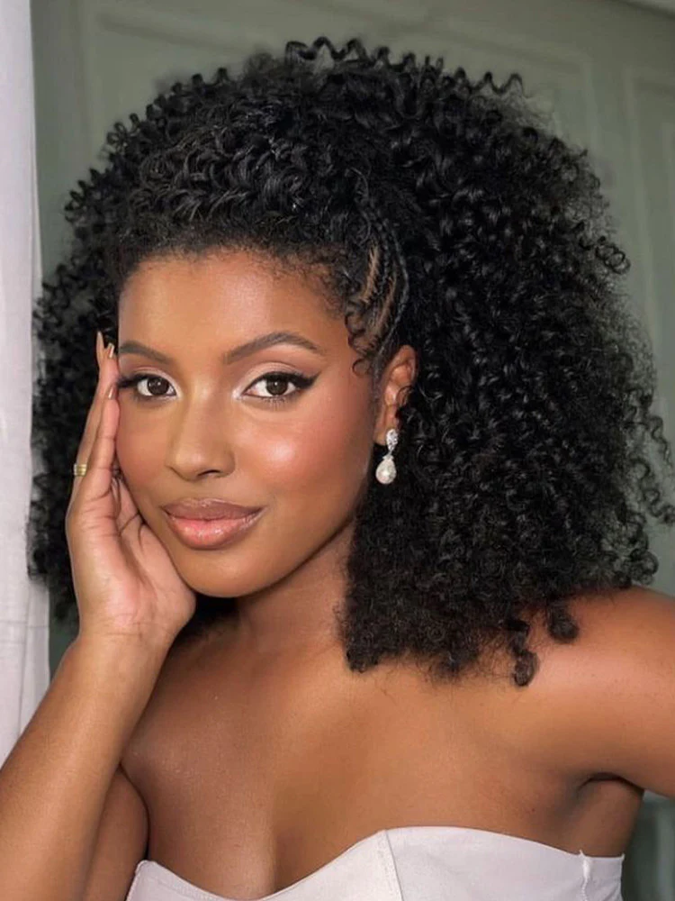 CurlyMe 3 In 1 Half Wig Layered Curly Bob Pre-Styled Kinky Curly Half Wig Draw-strings Flip Over Wig - Image 3