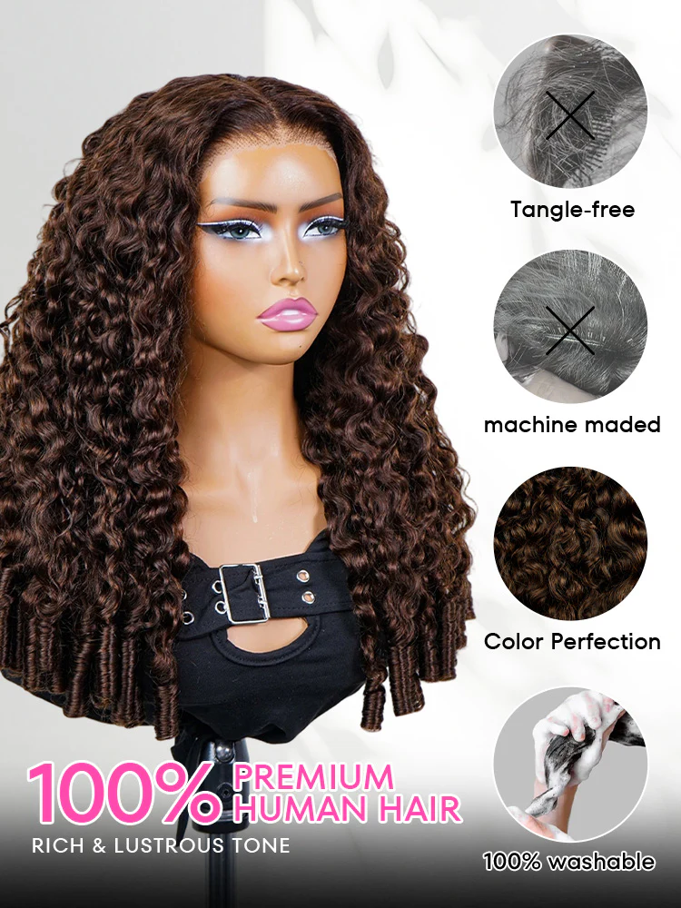 CurlyMe Mocha Mousse Color Burmese Curly Human Hair 7x5 Pre-Cut Lace Wear Go Glueless Wig With Elastic Draw-string - Image 6