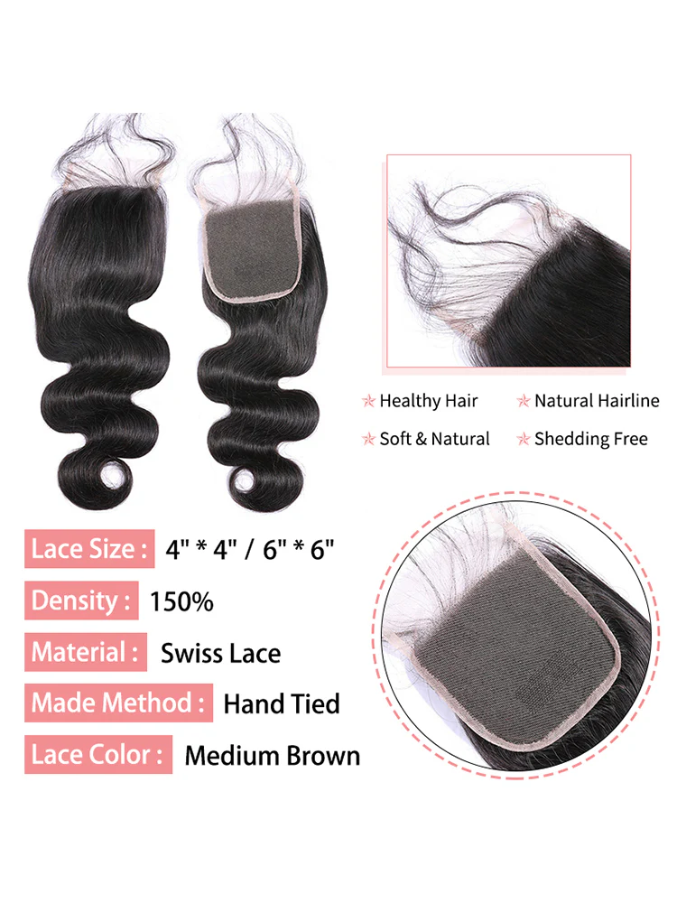 Body Wave Virgin Hair Natural Color 4x4 Lace Closure - Image 4