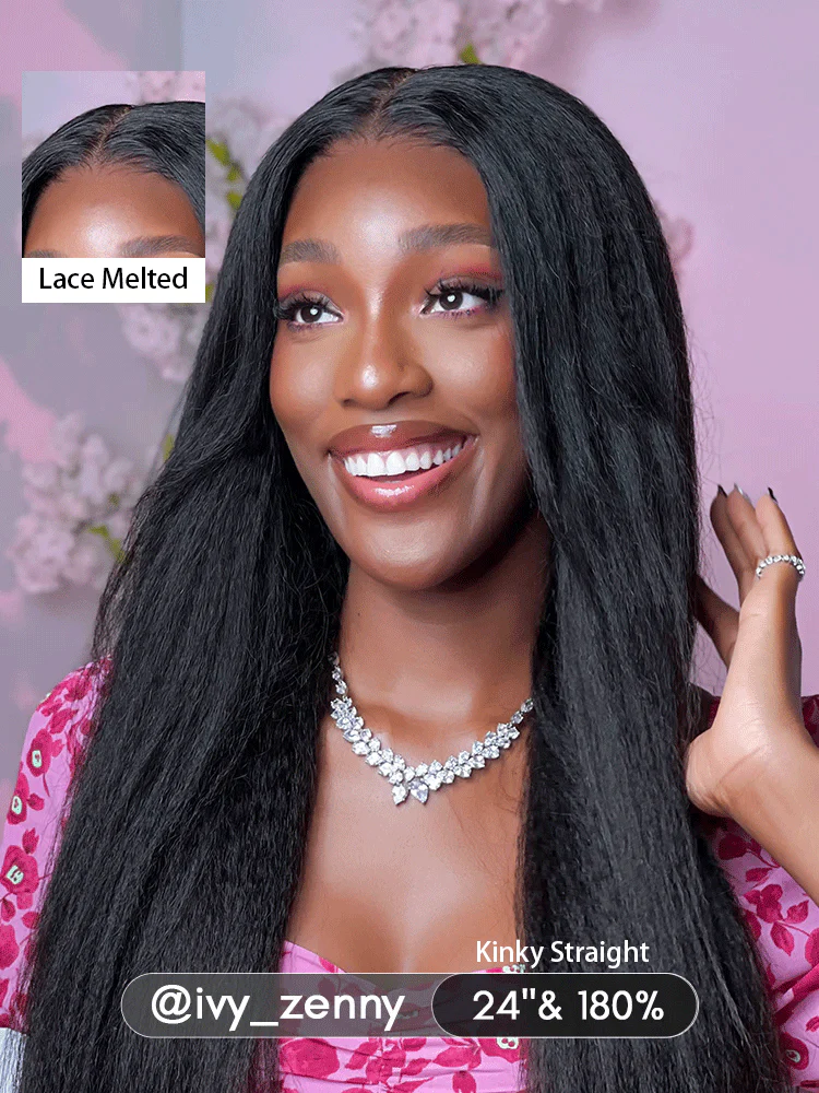 CurlyMe Pre-bleached Kinky Straight Hair Wear Go Glueless Wig 7x5 Pre-cut HD Lace Pre-plucked - Image 6