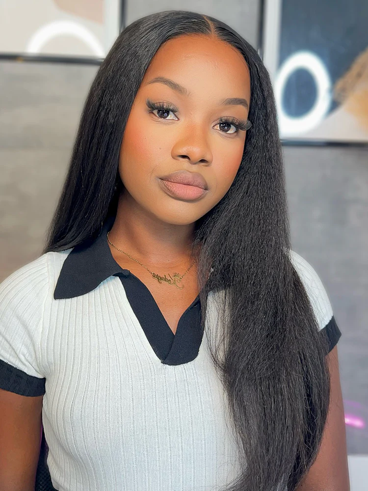 CurlyMe 360 Lace Wear Go Wig Pre-Bleached Yaki Straight Human Hair Pre-Plucked Lace Front Wig - Image 8