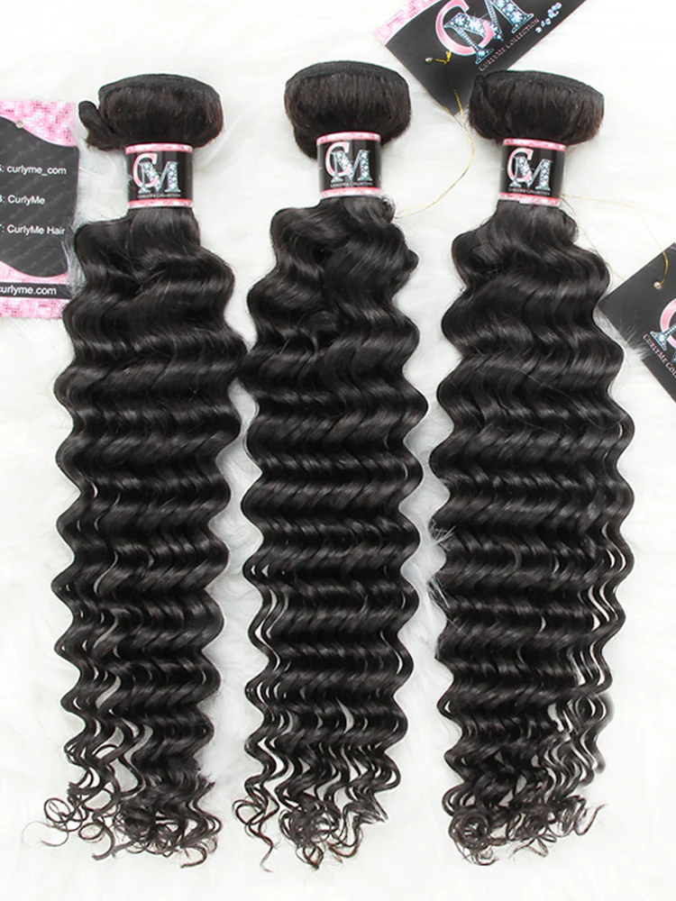 CurlyMe Deep Wave Human Hair 3 Bundles With 13x4 Lace Frontal Natural Black - Image 6