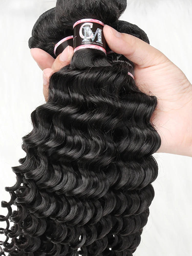 CurlyMe Deep Wave Virgin Human Hair 4 Bundles with 4x4/5x5 Closure Natural Black - Image 5