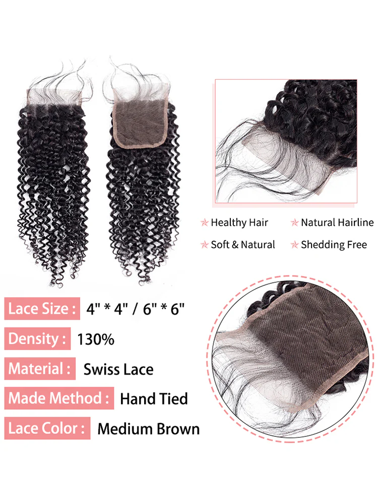 CurlyMe Kinky Curly Virgin Human Hair 4 Bundles with 4x4 Closure Natural Black - Image 3