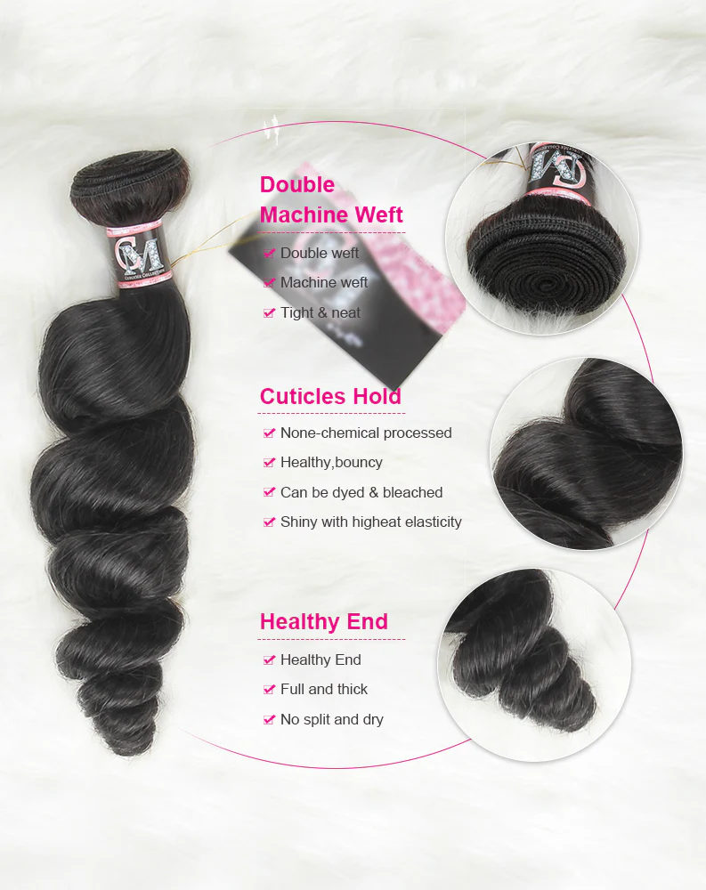 CurlyMe Loose Wave Virgin Human Hair 4 Bundles with 4x4 Closure Natural Black - Image 3