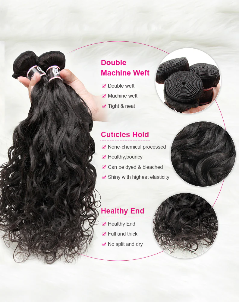 CurlyMe Natural Wave Virgin Human Hair 4 Bundles with 4x4 Closure Natural Black - Image 4