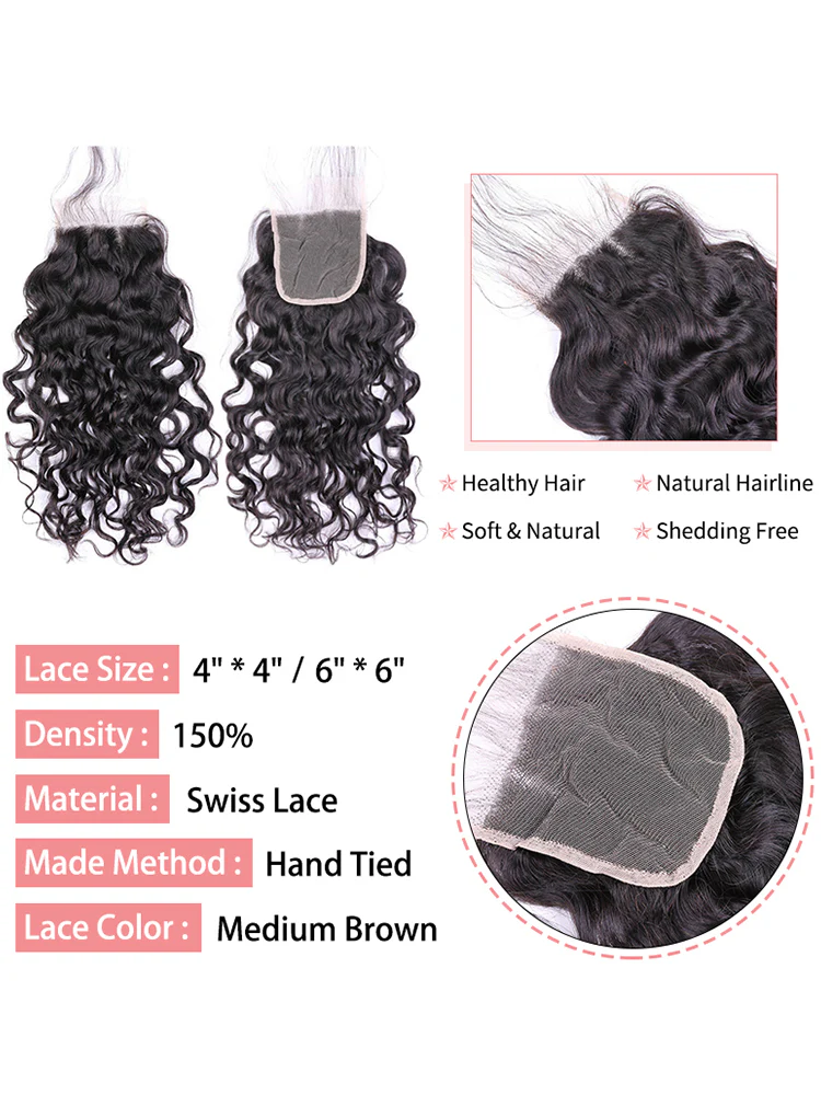 CurlyMe Natural Wave Virgin Human Hair 4 Bundles with 4x4 Closure Natural Black - Image 5