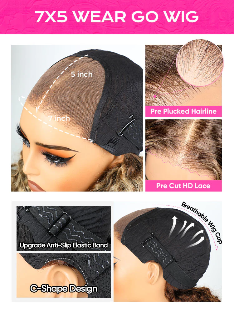 CurlyMe Highlights Ombre Straight Glueless Bob Wig Wear Go 7x5 Pre Cut Lace Wig - Image 5